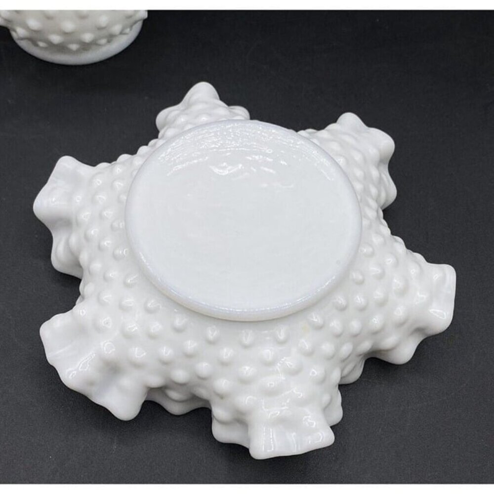 Fenton Milk Glass Hobnail Candy Bon Bon Dish Ruffled Bowl Vase Set Of 2 - Picture 6 of 12